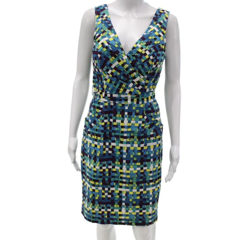Plenty by Tracy Reese Women Blue Check Sheath Dress V-Neck Sleeveless Size 6